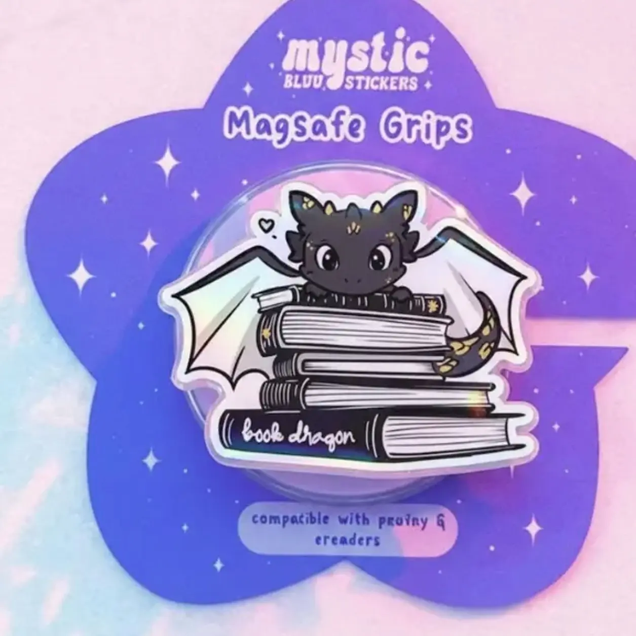 Cute 'Book Dragon' Phone Grip – Adorable Dragon with Books Design, MagSafe Compatible PopSocket for Book Lovers and Fantasy Enthusiasts