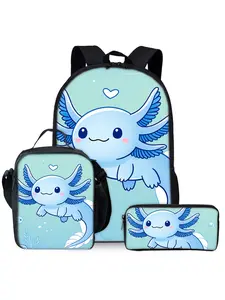Axolotl Print 3-Piece Backpack Set, Lunch Bag, Pencil Case, Backpack