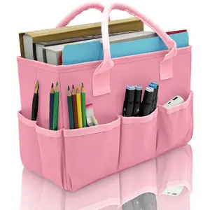 AYJKSEVEN Art Organizer Craft Storage Tote Bag with Pockets and Hadles, Oxford Fabric Carrying Caddy for Teacher, Officer, Artist, Traveler, and more – Pink