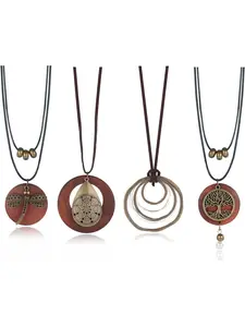 Brown Wooden Necklaces Set - Women's Handmade Long Layered Bohemian Vintage Dragonfly Tree of Life Necklaces Exquisite Jewelry Gift