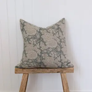 Nellie Floral Pillow Cover - Blue Green Mustard Pattern on Natural Linen Hand-Block Printed in India All Seasons Decorative Pillow Cover