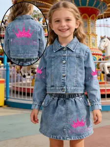 Girls' Denim Jacket + Skirt Set, Princess Style Sequin Crown Design, Fitted Long Sleeve, Spring & Fall Casual Wear, Cute Outfit, Princess Theme