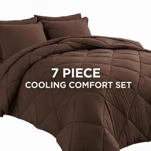 Queen Size 7 Piece Comforter Set, Solid Brown Ultra Silky Wrinkle Free Complete Bedding Set With 1 Comforter, 1 Flat Sheet, 1 16 Inch Deep Pocket Fitted Sheet, 4 Pillowcases, Moisture Wicking Soft Microfiber Bedding For Hot Sleepers, Father’s Day Gift