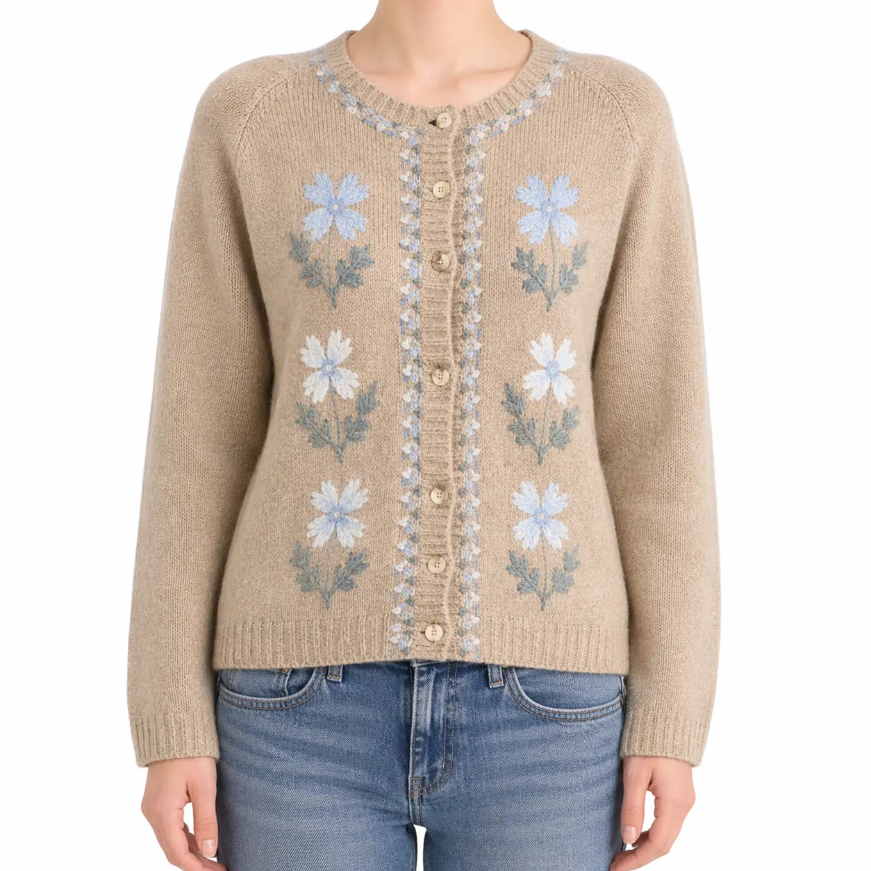 Vintage Floral Embroidered Camel Knit Cardigan | Soft Button-Down Sweater for Women