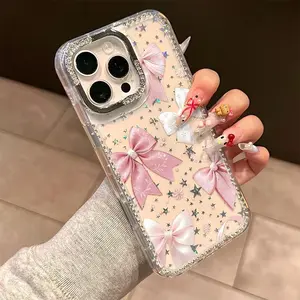 Bling Pink Bow Advanced Electroplated Glitter Star Phone Cases for iPhone 17 Air 16 15 Plus 14 13 12 11 Pro, Electroplated Glass Shockproof Protective Phone Cases