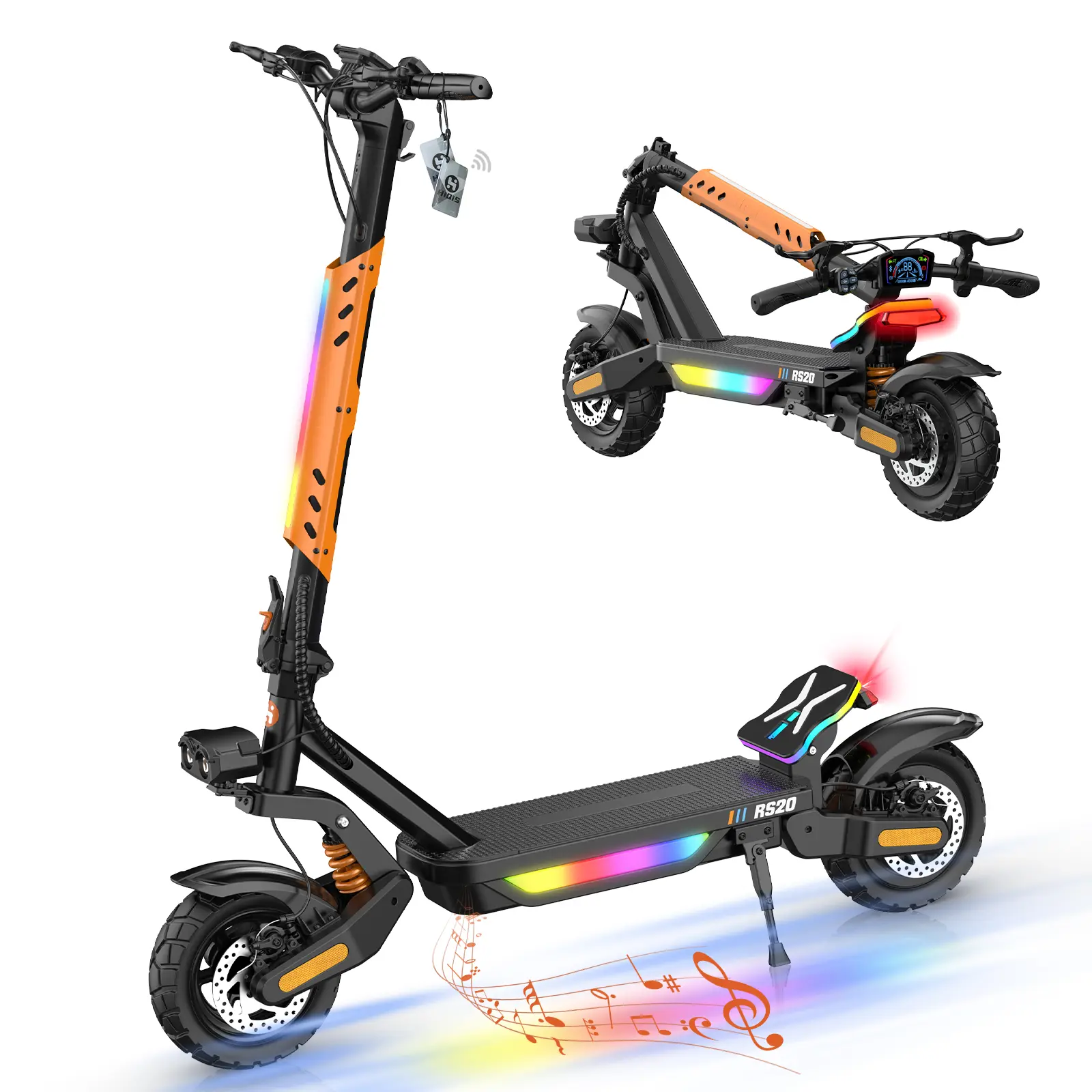 Off-Road NFC Electric Scooter for Adults, Peak 1200W Motor 34MPH Top Speed, 48V 15/25Ah Battery 55/60KM Range, Full Suspension System, Dual Hydraulic Disc Brakes, 10" All-Terrain Tires, Foldable, Bluetooth Speaker, RGB Ambient Lights, Turn Sign