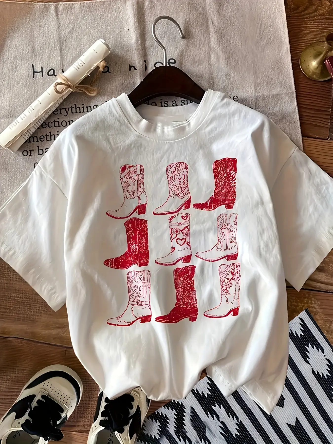 Plus Size - Western Cowboy And Boot Pattern Printe unisex soft cotton short sleeve t shirt, vintage graphic casual tee for men women teens, perfect birthday holiday gift for camping travel gym daily street casual wear
