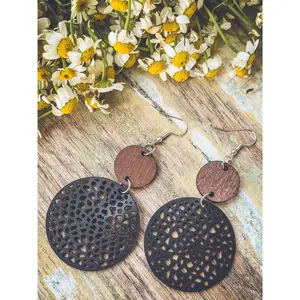 Beautiful Black Leather and Wood Earrings