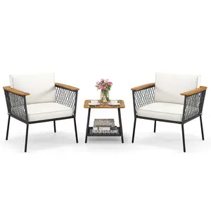 COSTWAY - 3 Piece Patio Furniture Set Rattan Chair Set with 2-Tier Coffee Table-White