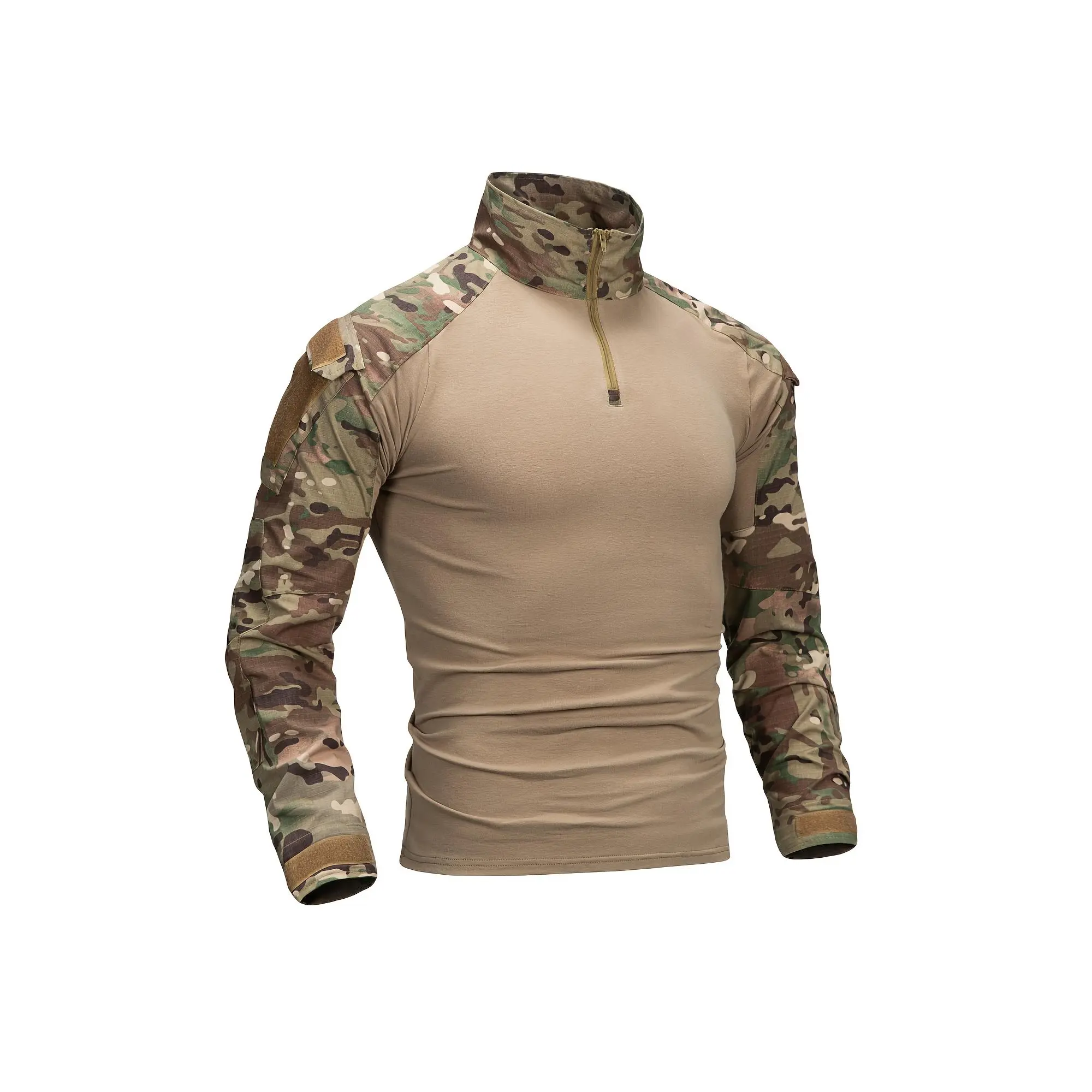 Men'S Military Camo Long Sleeve Tactical Zip-Up Hoodie with Half Placket and Raglan Sleeves