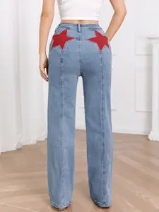 Women's Light Blue High-waist Jeans With Red Star Decorations Flared Leg Trousers Medium Stretch Fabric，Suitable For All Seasons and  Various Occasions