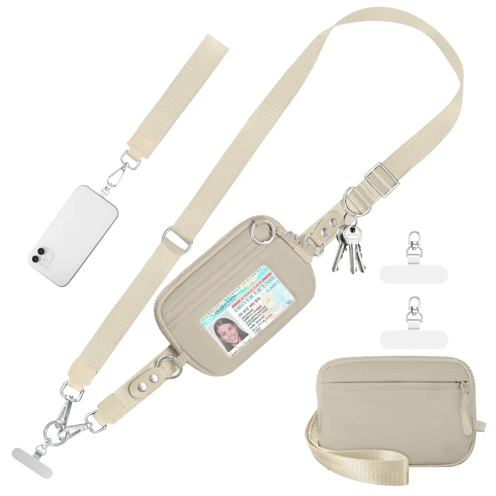 3-in-1 Waterproof Nylon Crossbody Phone Lanyard with Detachable Wallet, RFID Protection, Alloy Clips & Adjustable Strap for Mobile Phones