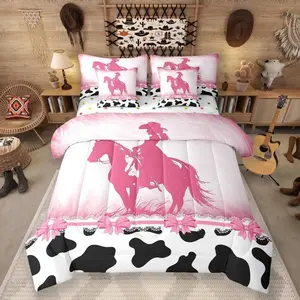 Cowgirl Western Comforter Set,7 Piece Bed in a Bag,Pink Cowhide Bedding Sets,Black and White Cow Print Sheet Set with Comforter