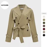 Katch Me Chic Women's Commuter Notch Lapel Double Breasted Detachable Belt Trench Coat, Fall & Winter Plain Wrap Tie Waist Outerwear Jacket, Casual Trench Coat