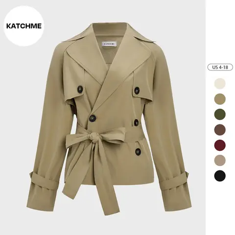 Katch Me Chic Women's Commuter Notch Lapel Double Breasted Detachable Belt Trench Coat, Fall & Winter Plain Wrap Tie Waist Outerwear Jacket, Casual Trench Coat