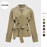 Katch Me Chic Women's Commuter Notch Lapel Double Breasted Detachable Belt Trench Coat, Fall & Winter Plain Wrap Tie Waist Outerwear Jacket, Casual Trench Coat