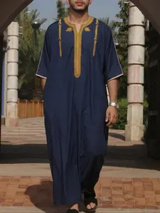 Classic Muslim Embroidered Moroccan Arab Thobe, Traditional Festival Clothing, Men's Casual Blue Robe with V-Neck, Traditional Arabic Robe, Gift Idea