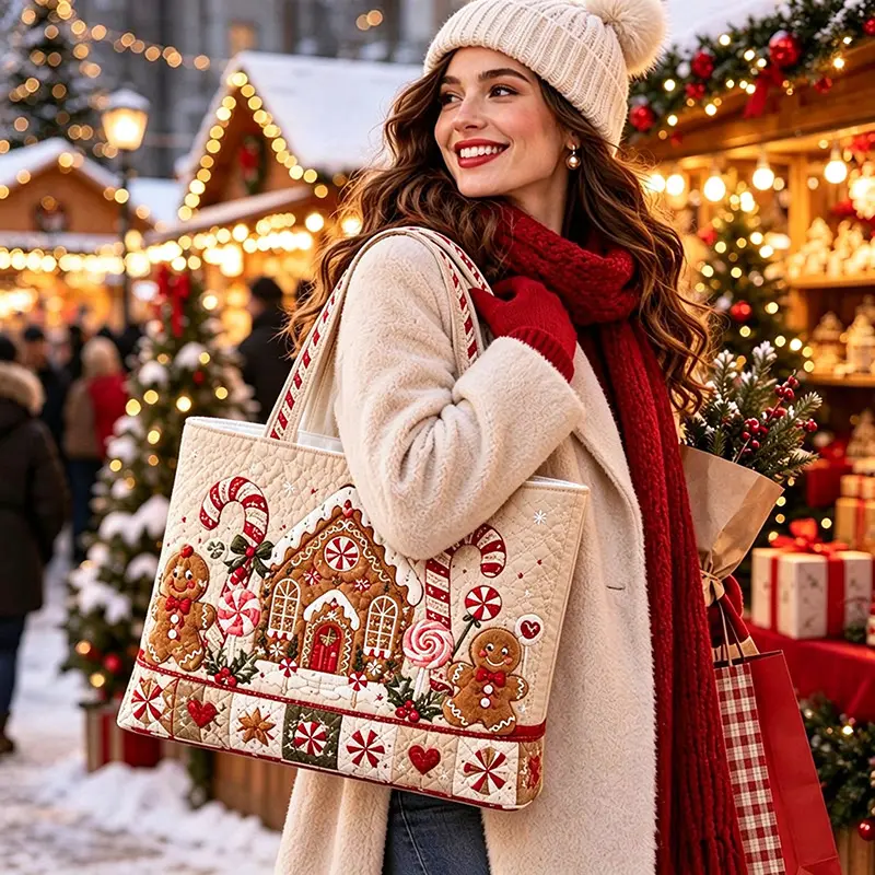 Women's Christmas Quilted Polyester Character Element Tote Bag - Gingerbread House Handbag with Candy Cane, Gingerbread Man Appliqué, Casual Shoulder Strap, Festive Shopping Carryall, Holiday Gift for Mom, Character Element Women's Tote Bags
