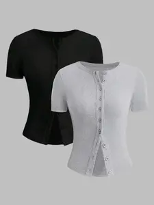 Women's Solid Color Half Button Sweater Cardigan, Elegant Casual Everyday Wear Open Front Short Sleeve Round Neck Knit Cardigan, Ladies Knitwear for All Seasons, Womenswear, Knitted Tops