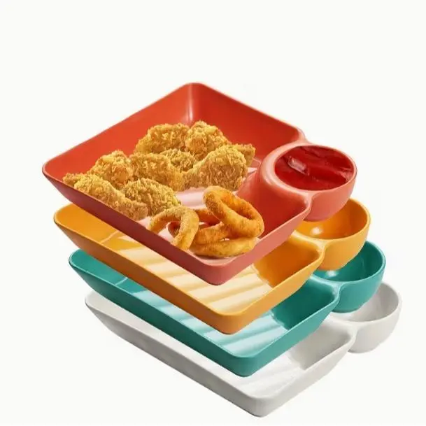 4 PCS PP Plastic Divided Snack Plates with Built-in Sauce Compartment, Multicolor Partition Trays for Home Party, Reusable Portion Serving Dishes for Fries, Chicken Nuggets, Onion Rings