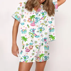 Pool Party Monkey Satin Pajama Set For Women Print Comfy Satin Sleepwear & Loungewear Pjs Printing Silky Top & Bottoms - SHESHOW