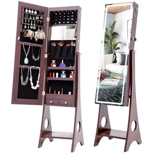 Starry Home 6 LEDs Jewelry Mirror Armoire Organizer,Standing Lockable Jewelry Cabinet with Full-Length Body Dressing Mirror LED Light and Larger Capacity, 3 Adjustable Angles, Unique Valentine’s Day gifts, Brown, White, Drawer Durable Antique Assembled