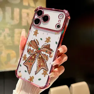 Gingerbread Christmas Bow Phone Case for iPhone 17 Air 16 Pro Max 15 Plus 14 13 12 11 XS Clear Protective Four Corners Air Cushion Anti-drop Premium Plated Cover