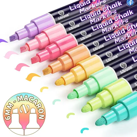 Chalk Markers 8 Pastel Colors Set for Blackboard & Glass Surfaces - Erase / 6mm Reversible Tips Bullet / Chisel - Liquid Chalk Markers for Car, Window and Chalkboard Calendar, Erasable & Washable