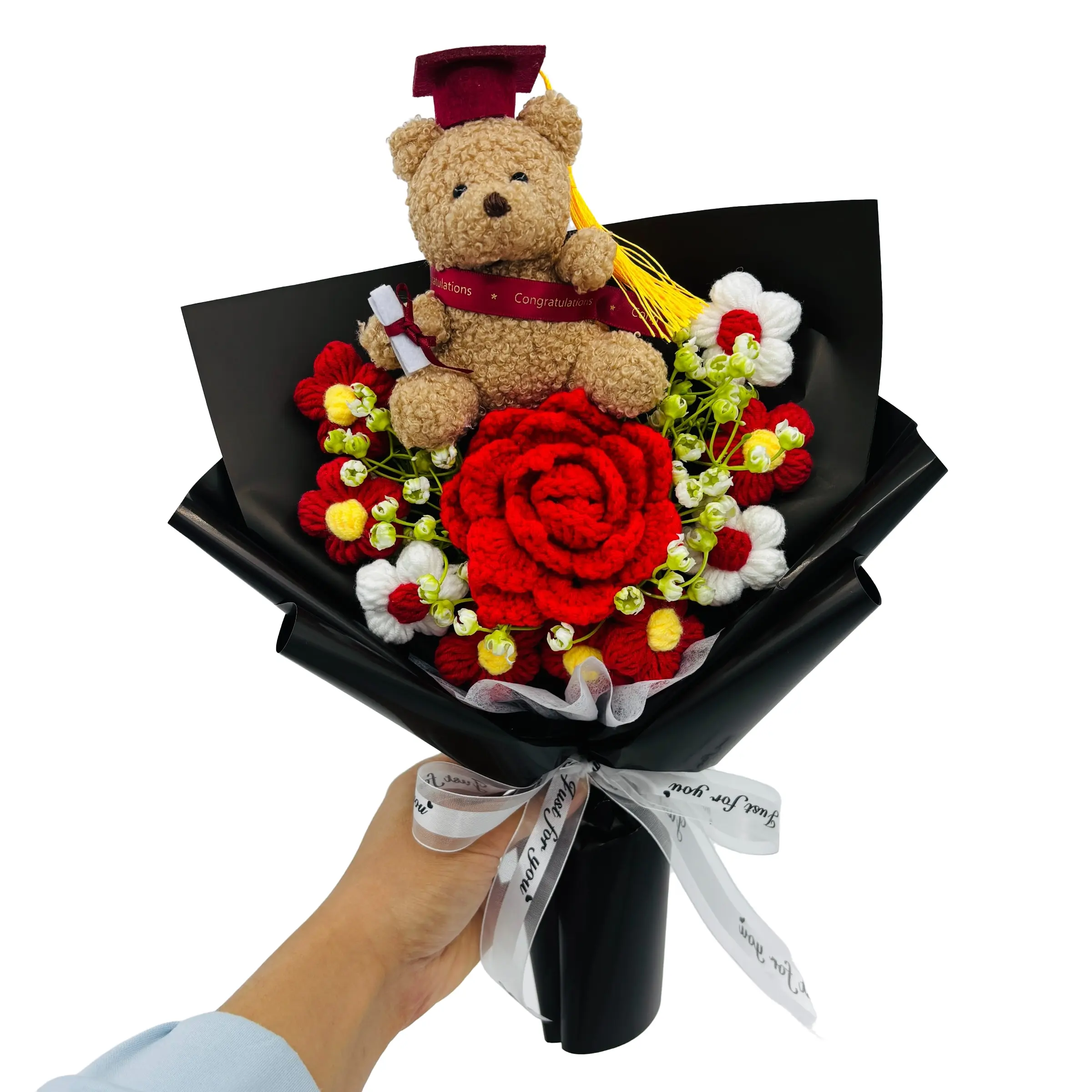 Handmade Knitted Blooming Rose Bear Doll Bouquet, Rose Teddy Bear, Mother's Day Gift, Graduation Party Decoration, Artificial Flower Arrangement, Memorial Gift with Packaging