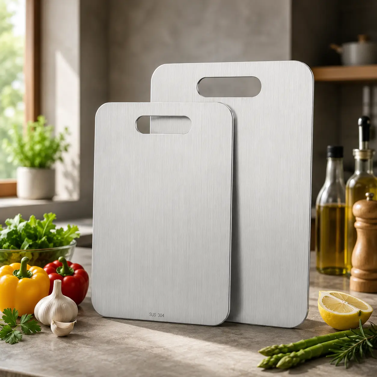 2pc XL+L Stainless Steel Cutting Board Is High Quality, Rust-Proof And Double-Sided, Can Be Used For Cutting Meat, Fruits And Vegetables, Washable With Water, Durable, Available In A Variety Of Sizes, Suitable For Various Festivals, Home And Kitchen Use