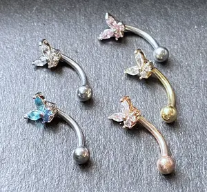 1pc Eyebrow Ring w/ Prong Set CZ Gem Butterfly 16g Curved Barbell 16 Gauge