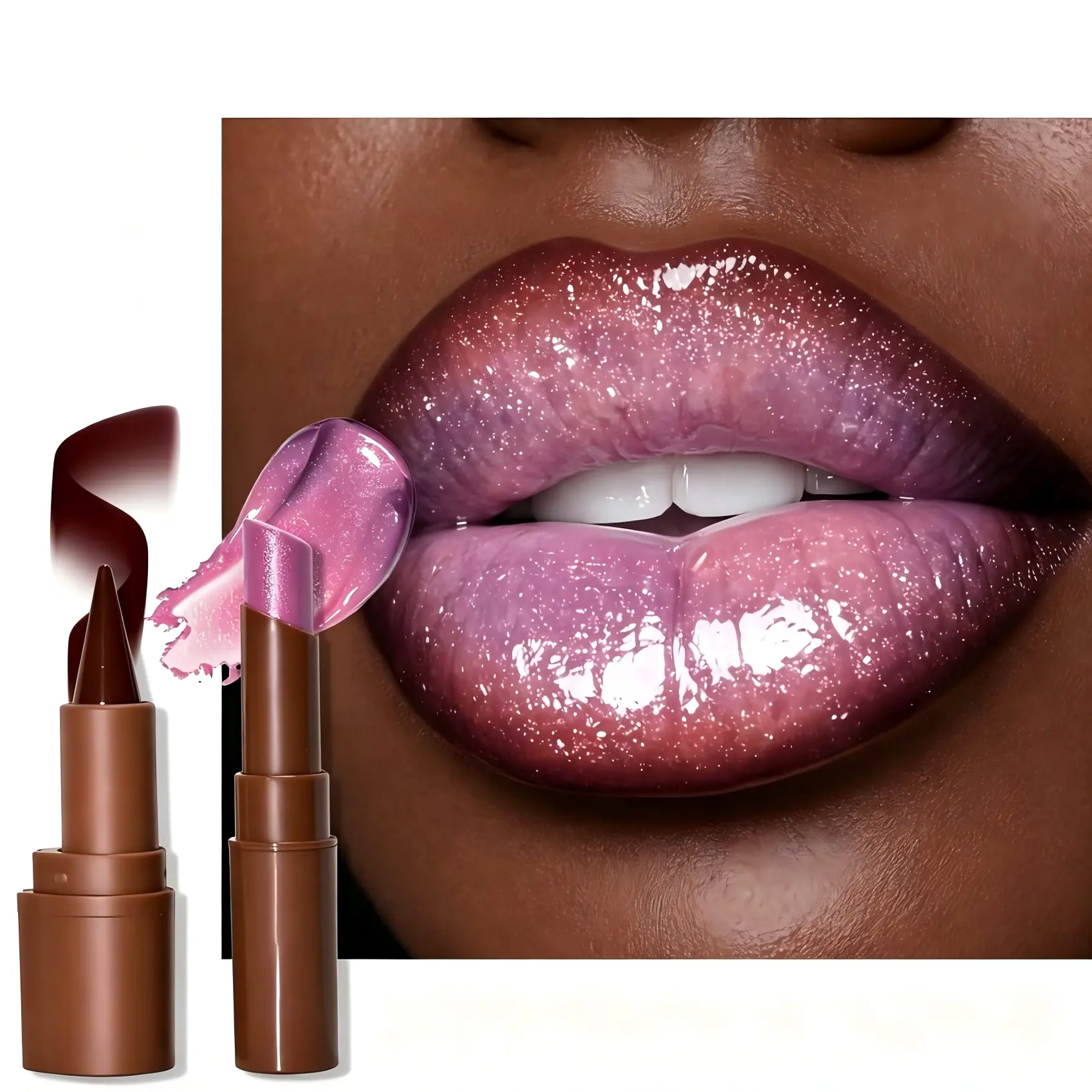 2pcs Easy Bag Nourishing Lip Gloss with Brown Lip Liner Lip Combo Sets, Solid Lip Gloss Jelly Lipstick High Shine, Nude Lip Kit with Lip Liner and Gloss for Women, Lightweight Long-Lasting Lipstick Makeup Gift Glossy Smooth Glaze