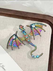 Vintage Dragon Brooch Pin, Unisex Suit Jacket Accessory, Rhinestone Oil Painted Pterodactyl Design, Perfect Gift for Enthusiasts