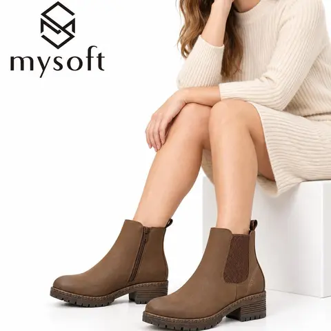 MySoft Women's Vintage Chunky Heel PU Leather Chelsea Ankle Booties - Footwear with Round Toe, Slip-On Elastic Side, Non-Slip Design for Fall Winter Daily Wear (Women's Shoe)