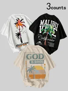 Men's Vacation Beach T-Shirt Set, Palm Tree & Landscape Print, Casual Loose Fit Short Sleeve Round Neck, Summer Fashion Top