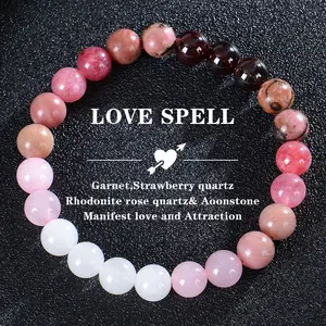 Love Spell Bracelet Garnet, Strawberry Quartz Rhodonite Rose Quartz & Aoonstone Natural Healing Crystal Gorgeous Stone Gemstone Jewelry Energy Love Girlfriend Boyfriend Souvenir Valentine Anniversary New Year Christmas Halloween Birthday Gift