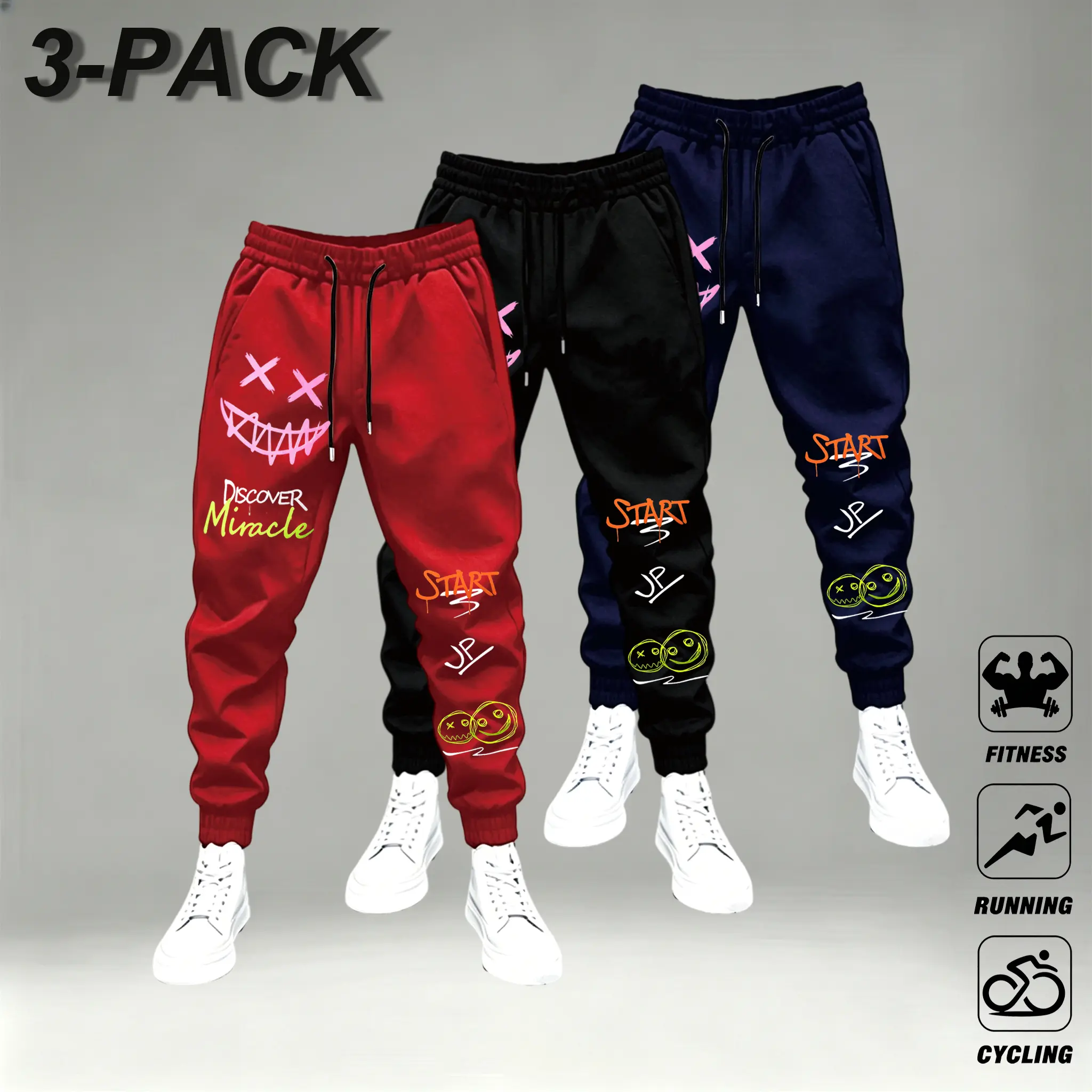 3Pcs Fitness Running Cycling Sweatpants in Red Black Navy with Unique Graphics for Active Lifestyle,Men Colorful Graffiti Evil Smile Graphic Jogger Sweatpants Multi-Color Hand Drawn Slogan Elastic Drawstring Tapered Streetwear Subculture Athletic Trousers