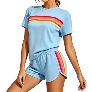 Women's 2-Piece Striped Polyester Tracksuit - Essential, Colorful, Short-Sleeved, Embroidered, Stretchy, Skin-Friendly, Breathable, Lightweight, Soft Casual Summer Outfit for Daily Wear, Vacation
