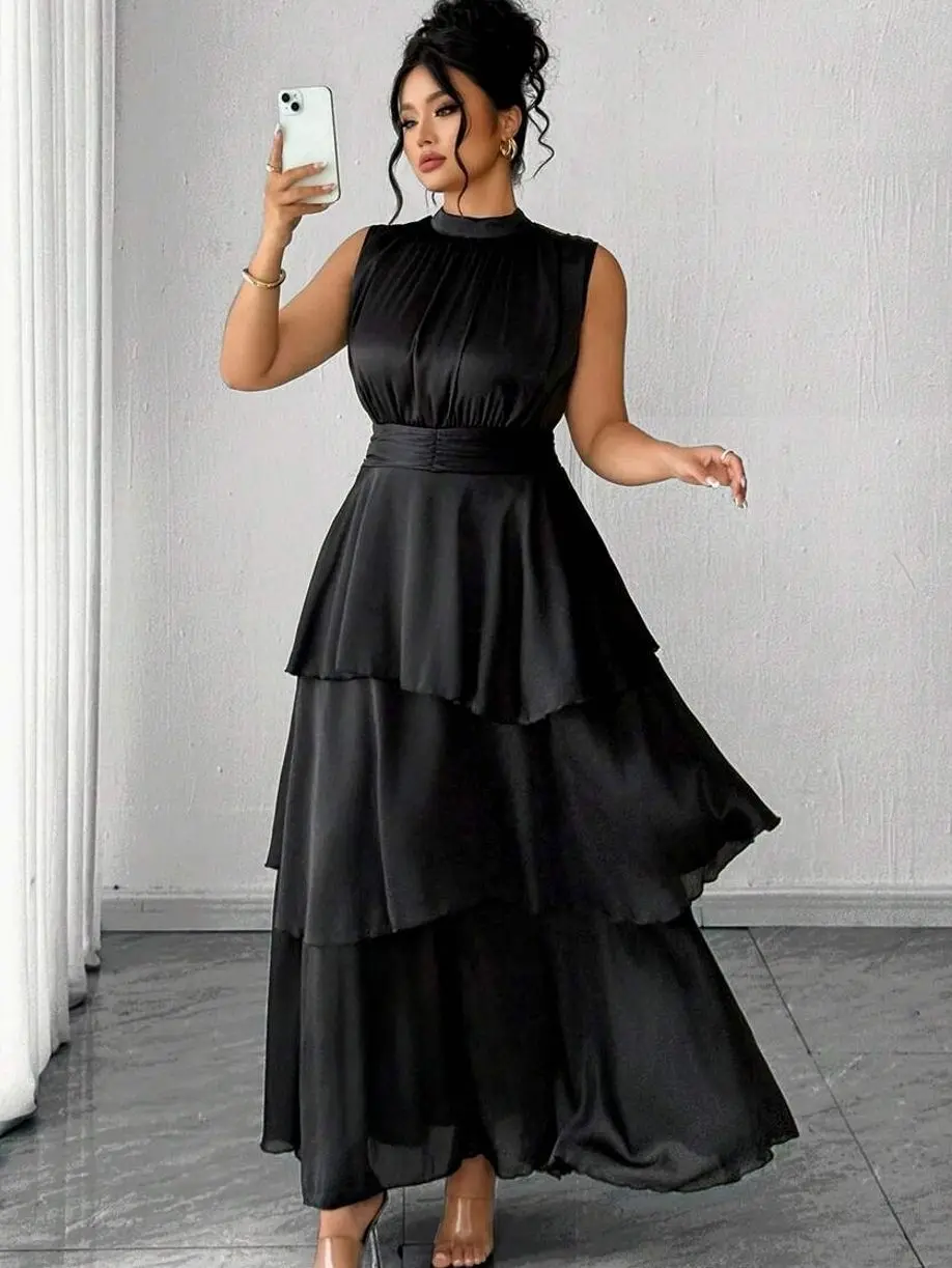 ✨ Plus Size Women's Chiffon Pleated Dress, Elegant Long Sleeve Midi Dress For Office, Vacation And Parties.