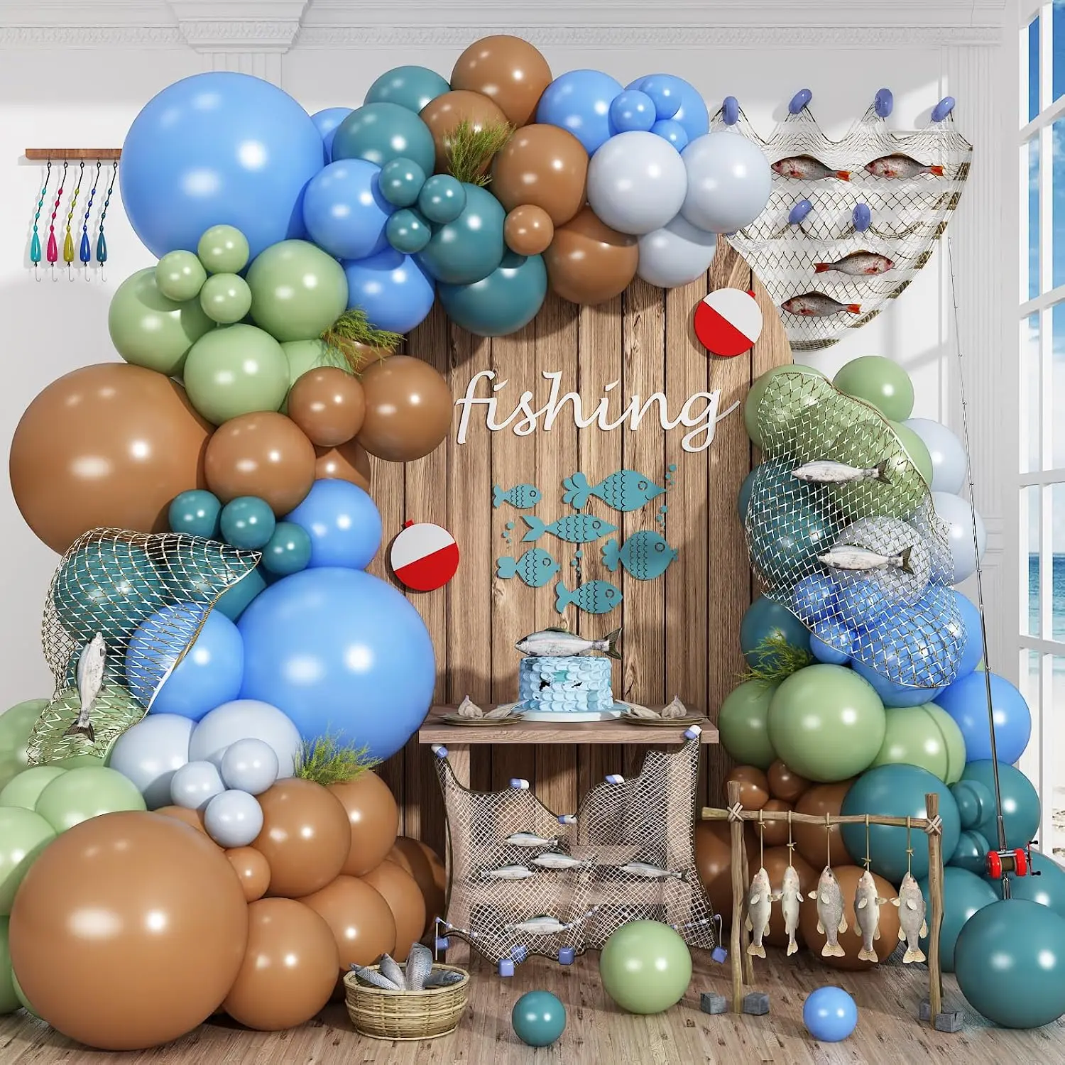Fishing Party Decorations with Colorful Balloons and Net Details for a Fun and Festive Atmosphere