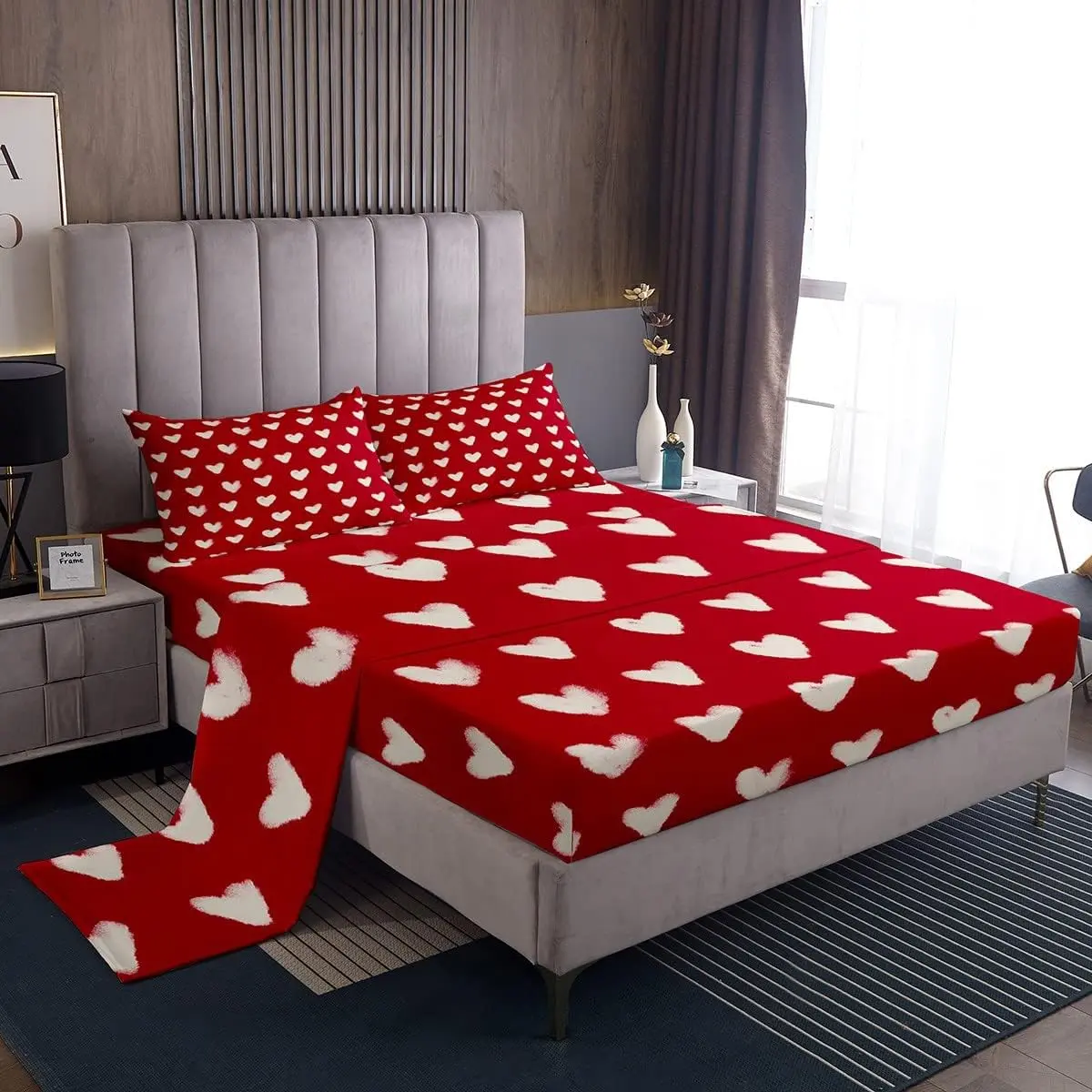 Feelyou Bedding Set - Red White Breathable Soft Warm Sheets with Cute Heart, Cartoon Love & Geometric Patterns, Valentine's Day Gift (Hearts Fitted & Flat Sheets Included), Hearts Fitted Sheets