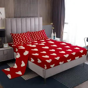 Feelyou Bedding Set - Red White Breathable Soft Warm Sheets with Cute Heart & Cartoon Love Geometric Patterns, Valentine's Day Gift (Fitted & Flat Sheets Included)