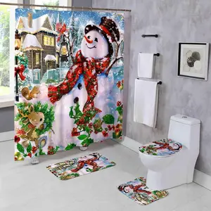 4 Pcs Winter Merry Christmas Shower Curtain Sets with Rugs Snowman Bathroom Set Home Bath Bathtub Decor Bathroom Decoration Accessories Xmas Tree Durable Curtains Mats for Bathroom