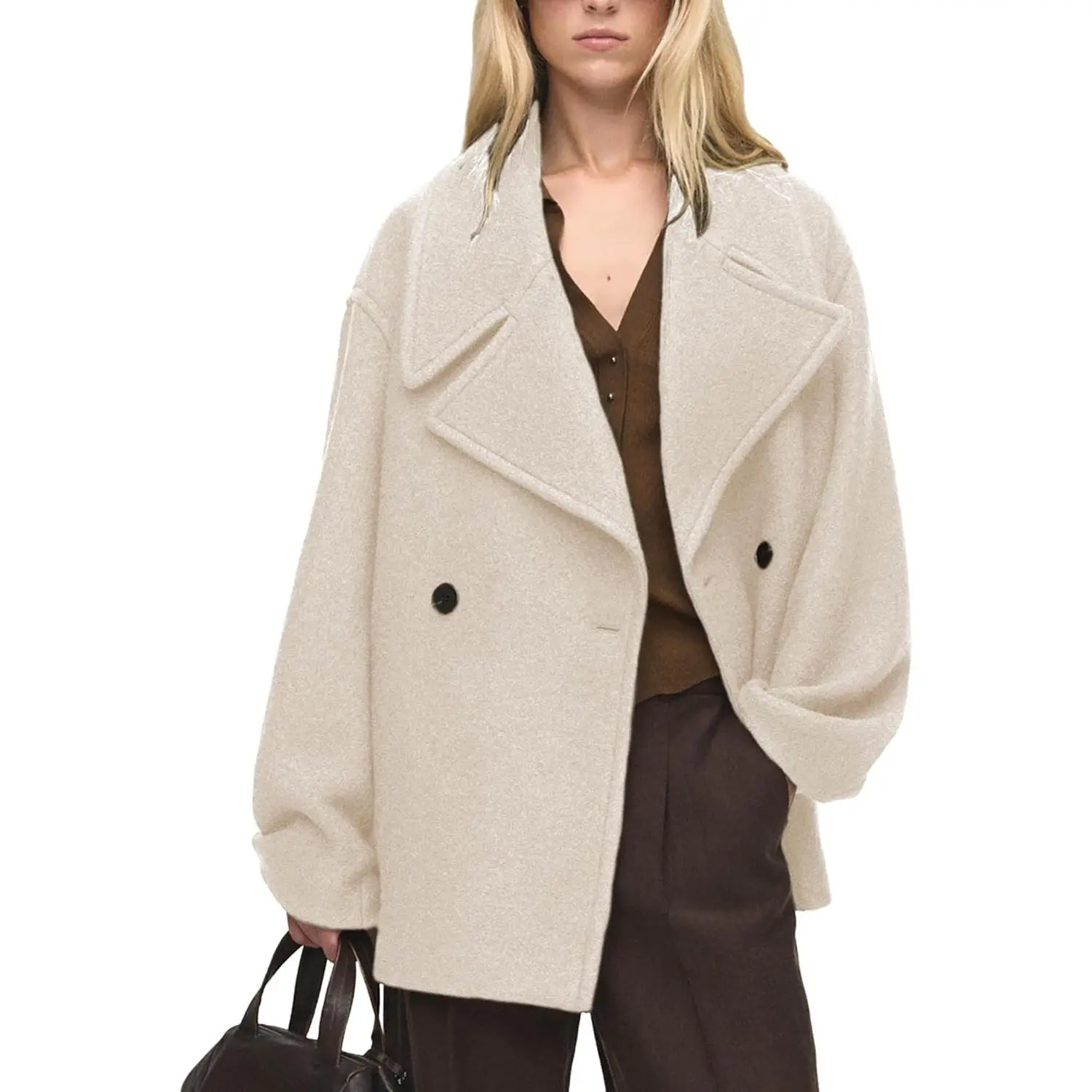 Women Double Breasted Short Peacoat Winter Oversized Notched Lapel Cropped Wool Blend Coat Jacket with Pockets