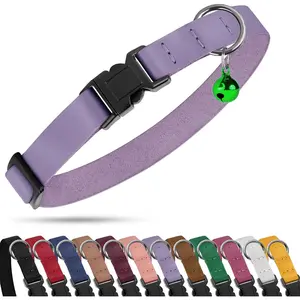 Cat Collar with Bell - Leather Adjustable Kitten Collars with Safety Quick Release Buckle - Soft Small Pet Collars for Girl & Boy Cats (Lavender)