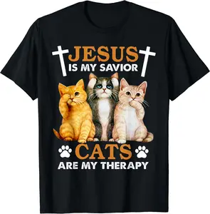 Jesus Is My Savior Cats Are My Therapy Christian Funny Cat T-Shirt