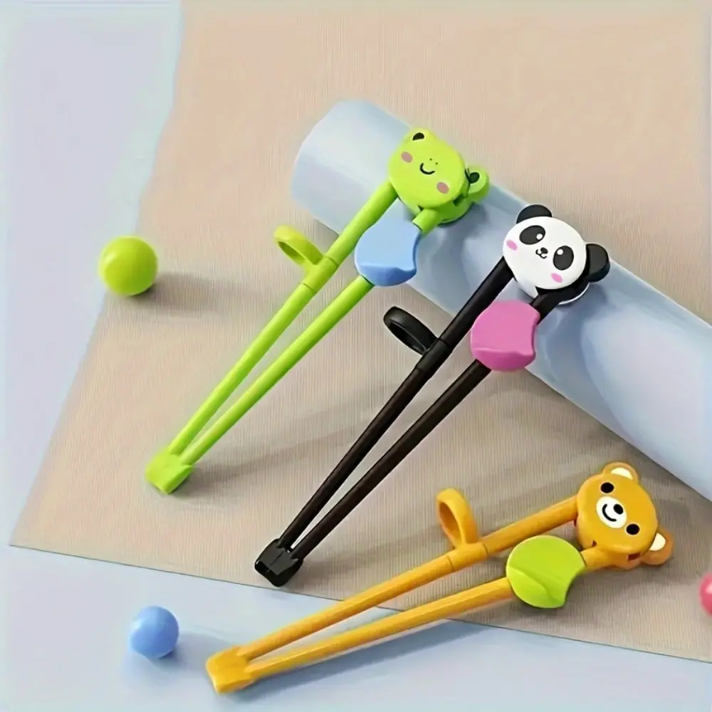 Training Chopsticks for Child Learning, 3-Pack Sturdy Plastic Cutlery with a Playful Look, Ergonomic Panda Utensils for Travel & Home, Frog, Small Size, Tableware, Outdoor, Detachable Bridge, Camping, Animal Topper, Durable, Adorable Animal Design, Dishwa