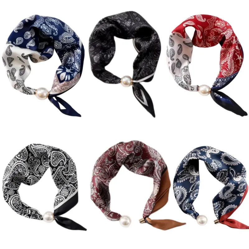 6Pcs Paisley Print Neck Scarf with Pearl Buckle, Mini Square Satin Bandana Scarves, Decorative Neck Headband Scarf for Women Daily Outfit Accessory