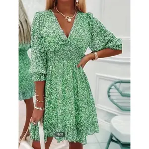 Women's Frenchy Casual Style Ditsy Floral Print Shirred Ruffle Hem Flounce Sleeve Dress, Boho V Neck A-Line Short Dress For Summer Party Holiday, Summer Outfits 2024, Women's Clothes