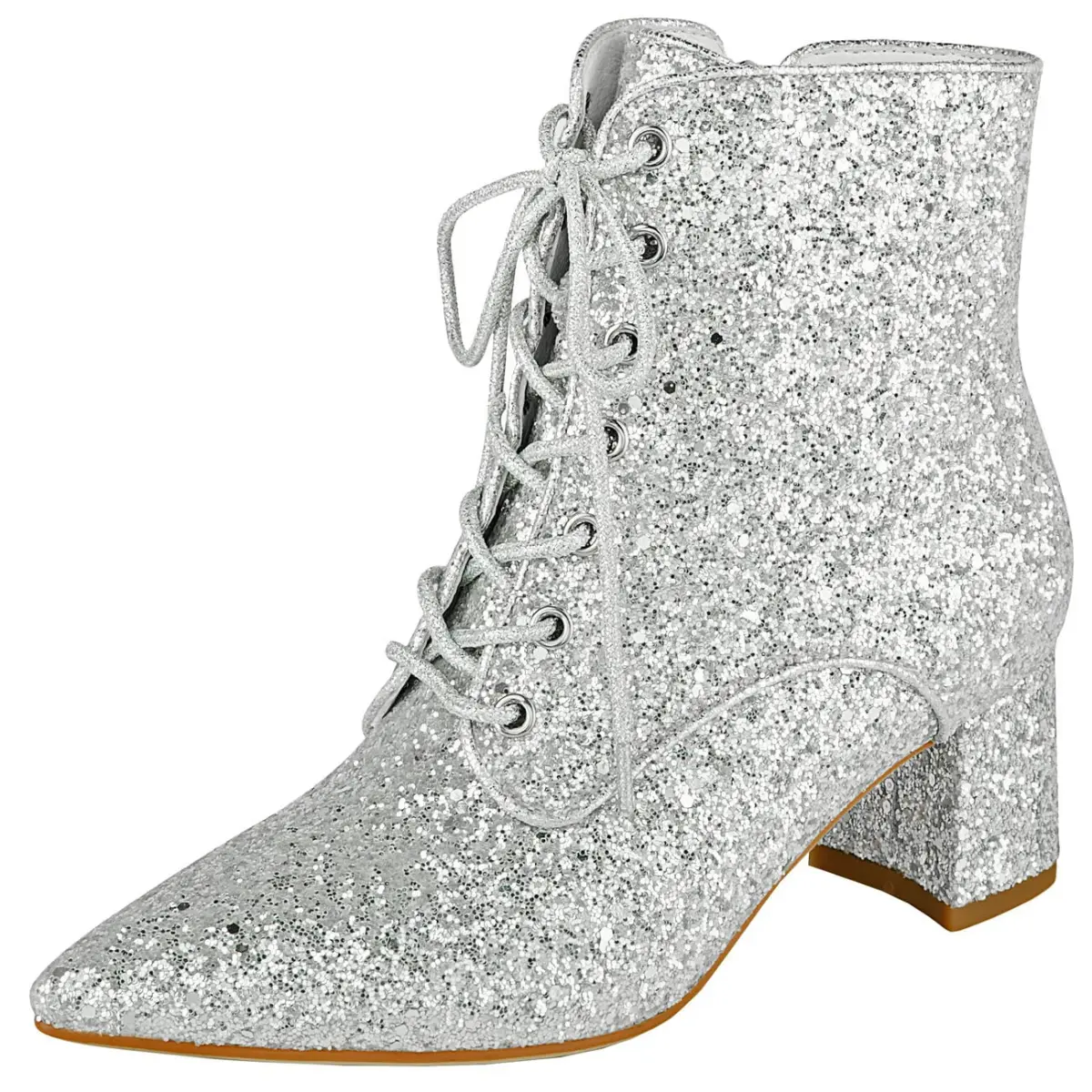 Women Sparkly Block Heel Glitter Ankle Boots Pointed Toe Adjustable Lace up Sequin Booties
